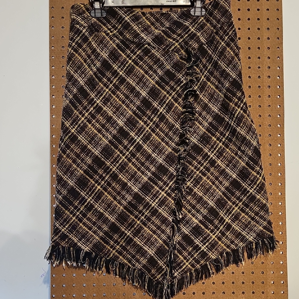 Vintage Retro Style Asymmetrical Plaid Skirt with Fringe Modest Size 12